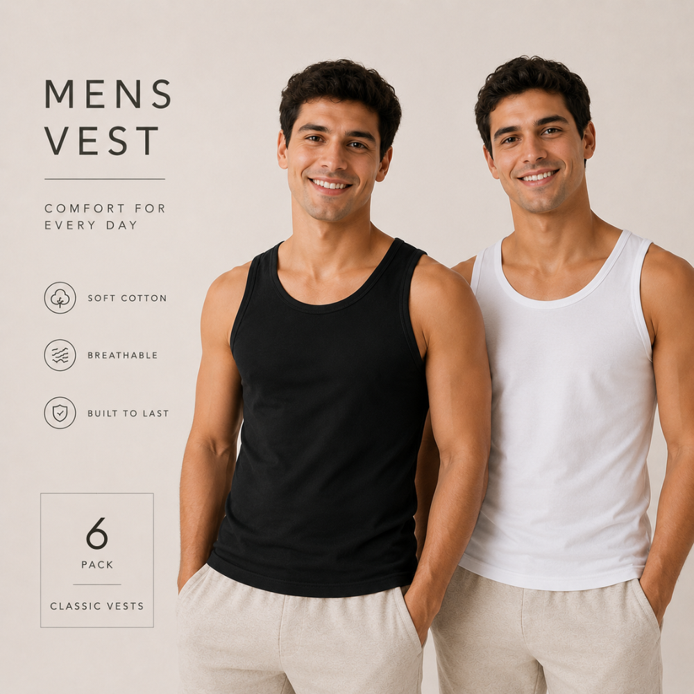 Men’s Cotton Vests – 6 Pack Gym & Training Wear ( White / Black )
