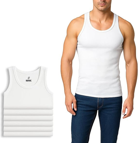 Pack of 6 Men's 100% Cotton Gym Tank Tops – Athletic Training & Bodybuilding Singlets (White & Black, Sizes S–XXL)