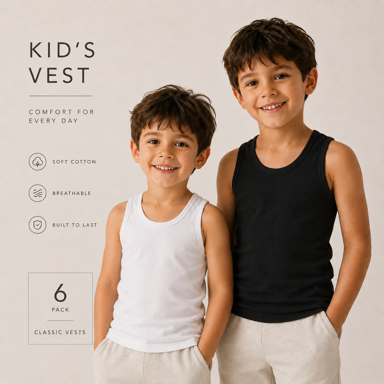 Boys Cotton Vests 6 Pack – Everyday Essentials (Ages 1–13) ( Black , White ).